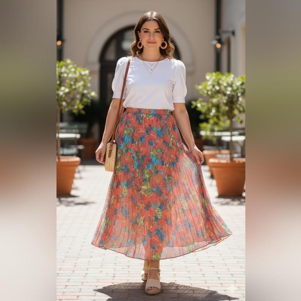 Ruby Rd. Floral Pleated Maxi Skirt Size 16 Pink Blue Green